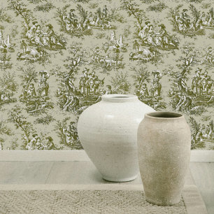 Papier Peint Chic Vert Gris Toile de Jouy Vintage Française