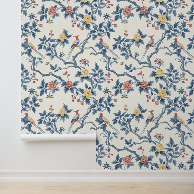 Papier Peint Chinois Floral Bleu Oiseau Élégant (Application)