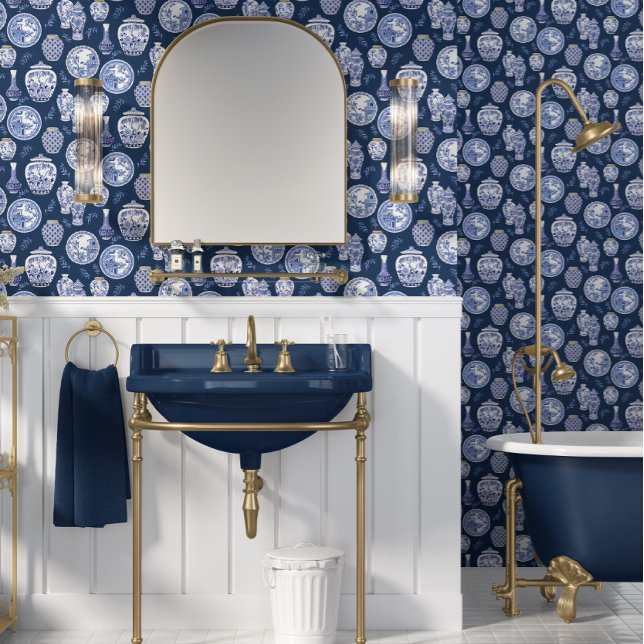 Papier Peint Chinoiserie Bleu Blanc Classique Plaques de jarres (Créateur téléchargé)