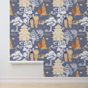 Papier Peint Chinoiserie bleue et orange
