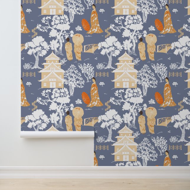 Papier Peint Chinoiserie bleue et orange (Application)
