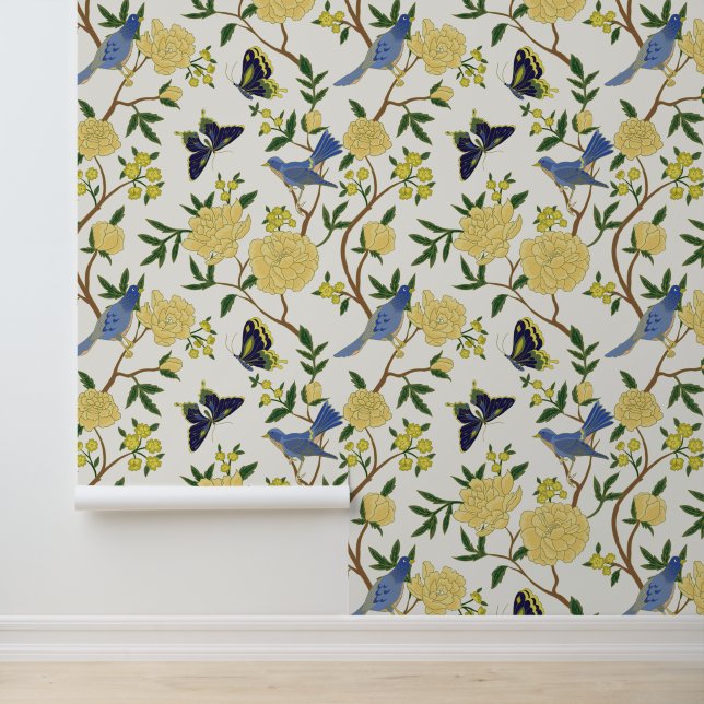 Papier Peint Chinoiserie jaune et bleu Cloisonne Birds (Application)
