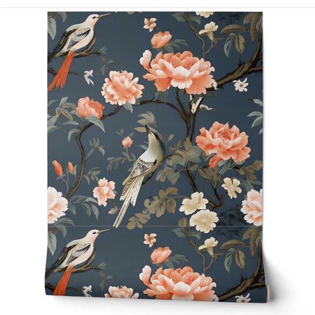 Papier Peint Chinoiserie sur Denim Blue (Déroulement)