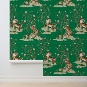Papier Peint Chinoiserie Tigre, Pivoines & Arbres Vert Printemp