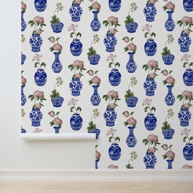 Papier Peint Chinoiserie vases bleus et fleurs  (Application)