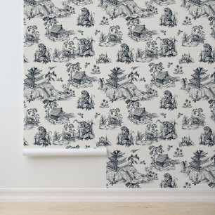 Papier Peint Chinoiserie Vintage Pagode Léopard Crème & Noir