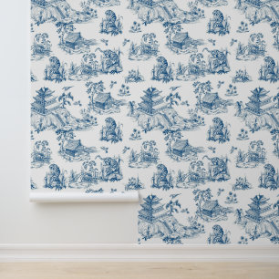 Papier Peint Chinoiserie Vintage Pagode Léopard Navy & Blanc