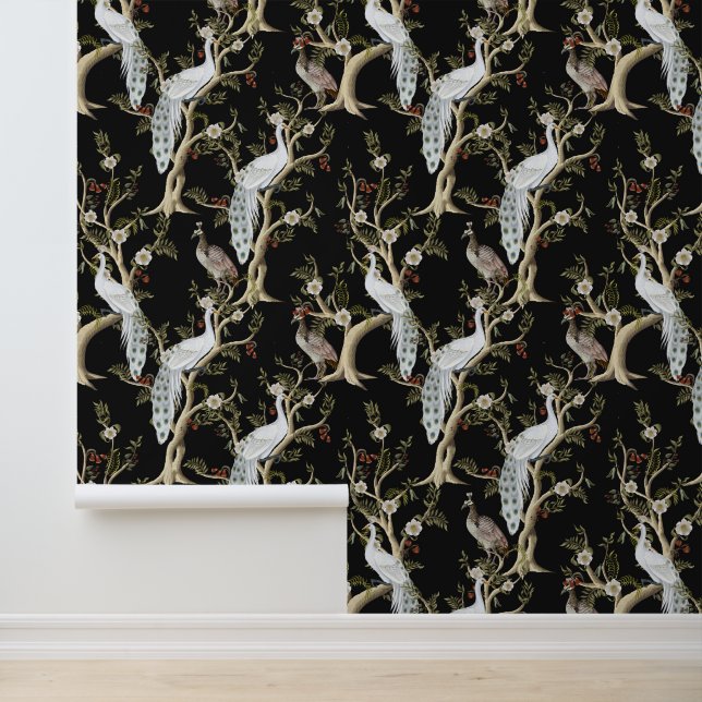 Papier Peint Chinoiserie vintage White Peacock Peony Black (Application)
