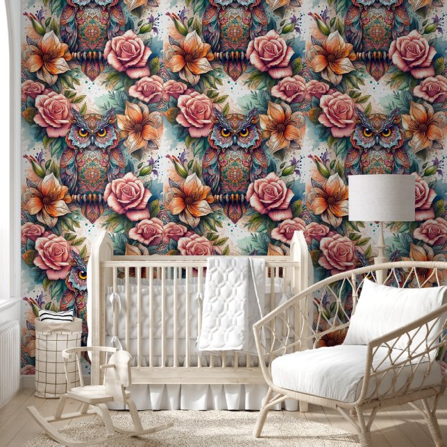 Papier Peint Chouette enchantée et harmonie florale (Enfants)