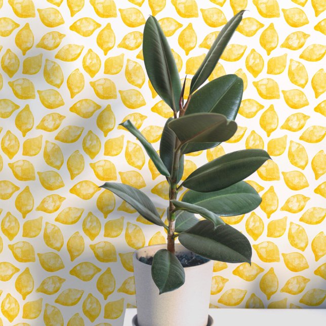Papier Peint Citron Citrus Méditerranée Jaune Blanc Aquarelle (Mediterranean citrus lemon watercolor peel and stick art wallpaper)