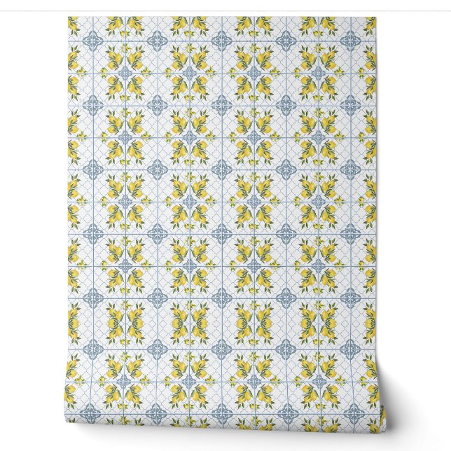 Papier Peint Citron de pays français à l'aquarelle bleue (Déroulement)