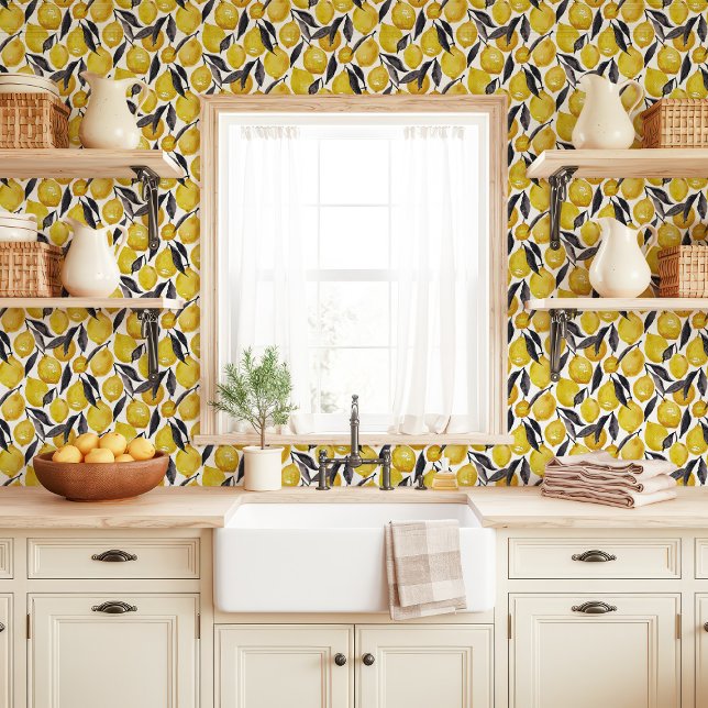 Papier Peint Citrons à l'aquarelle et feuilles grises (Créateur téléchargé)