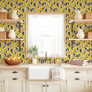 Papier Peint Citrons aquarelles et Feuilles gris