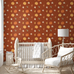 Papier Peint Citrouille Mignonne & Feuilles Rayure Automnale Sa