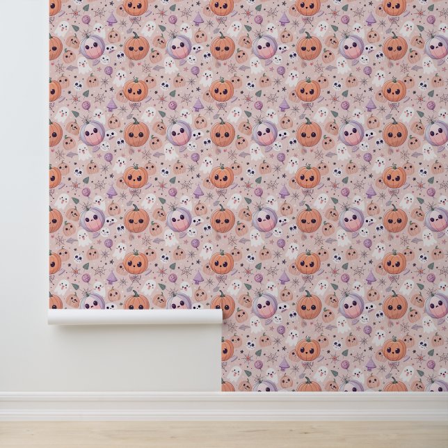 Papier Peint Citrouilles et fantômes d'Halloween sur rose sans  (Application)