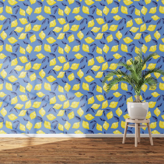 Papier Peint Citrus Citron Méditerranée Aquarelle jaune bleu (Blue and yellow citrus lemon watercolor Mediterranean art wallpaper)