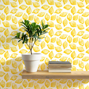 Papier Peint Citrus Citron Méditerranée Jaune Aquarelle blanche