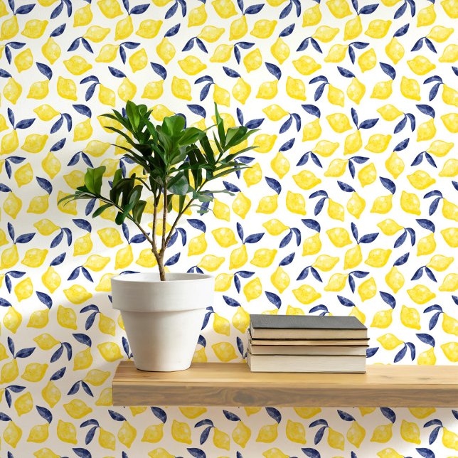 Papier Peint Citrus Citron Méditerranée Jaune Aquarelle blanche (Mediterranean citrus lemon watercolor yellow white and blue peel and stick art wallpaper)