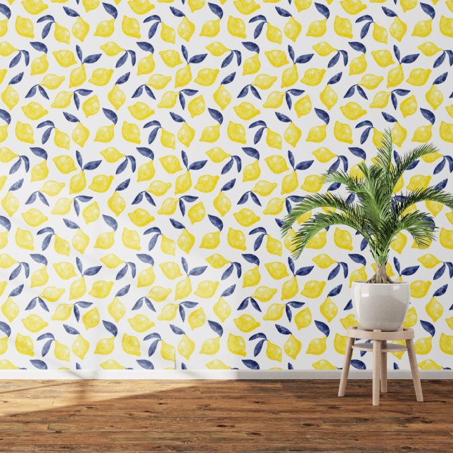 Papier Peint Citrus Citron Méditerranée Jaune Aquarelle blanche (Citrus lemon watrcolor art wallpaper)