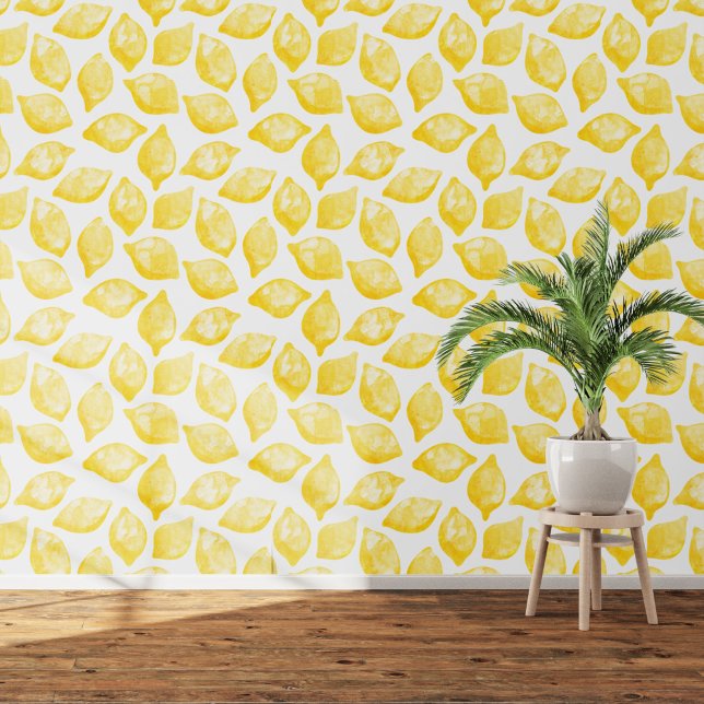 Papier Peint Citrus Citron Méditerranée Jaune Aquarelle blanche (Citrus lemon Mediterranean watercolor art wallpaper)