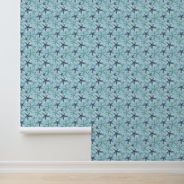 Papier Peint Clair bleu et or Starfish sur Ocean Wave Motif (Application)