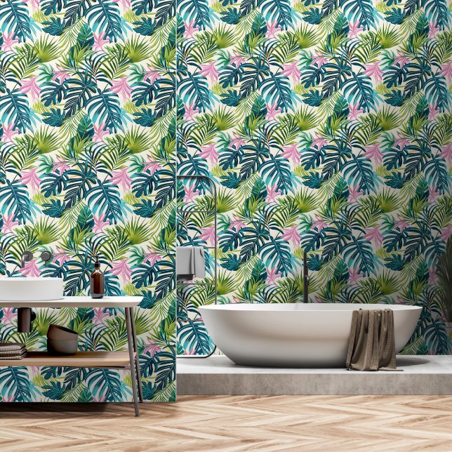 Papier Peint Clair Pink Vert été Tropical Palm Feuille (Salle de bain)
