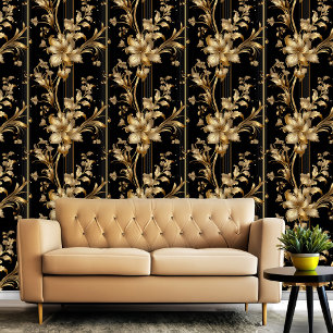 Papier Peint Classé noir et or élégant motif floral