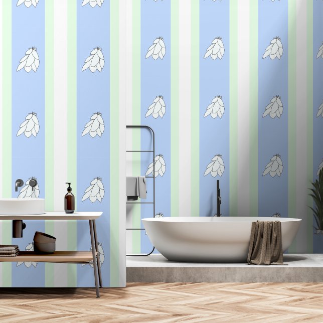 Papier Peint Clusters à feuilles blanches bleu vert (Salle de bain)