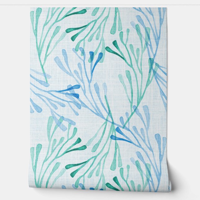Papier Peint Coastal Coral and Seaweed in Blue and Green (Déroulement)
