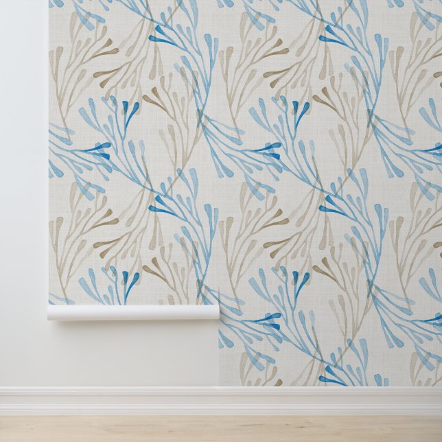 Papier Peint Coastal Coral and Seaweed in Cobalt Blue & Beige (Application)