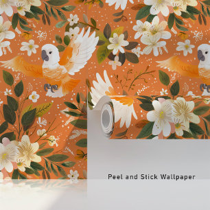 Papier Peint Cockatoès floral en Orange Bloom