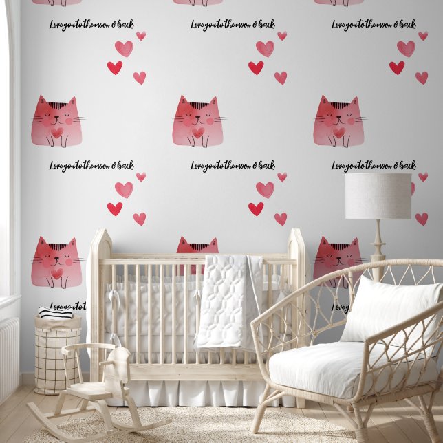 Papier Peint Coeurs & Chats Vous Aimez Sur La Lune (Enfants)