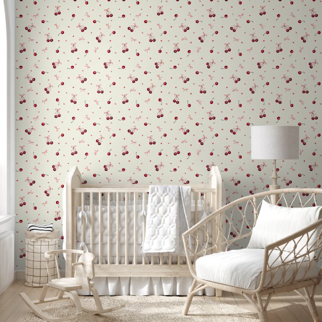 Papier Peint Coeurs de cerises rouges mignons Bows sur blanc iv (Enfants)