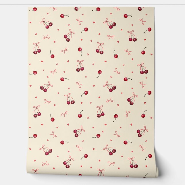 Papier Peint Coeurs de cerises rouges mignons Bows sur crème (Déroulement)