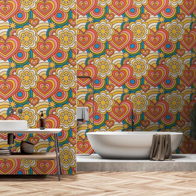 Papier Peint Cœurs Hippies BoHo et Motifs Tourbillonnants (Salle de bain)