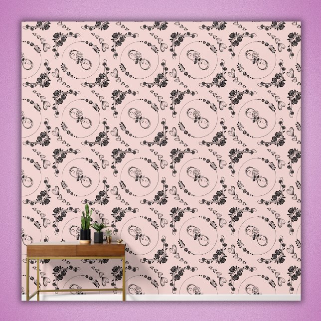Papier Peint Coeurs noirs simples, Floral, Infinité sur rose | (Créateur téléchargé)