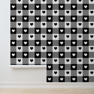 Papier Peint Coeurs Plaid Cute Fun Noir & Blanc Unisex Nursery
