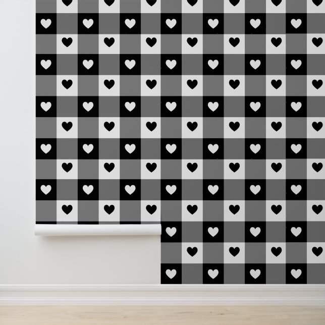 Papier Peint Coeurs Plaid Cute Fun Noir & Blanc Unisex Nursery (Application)