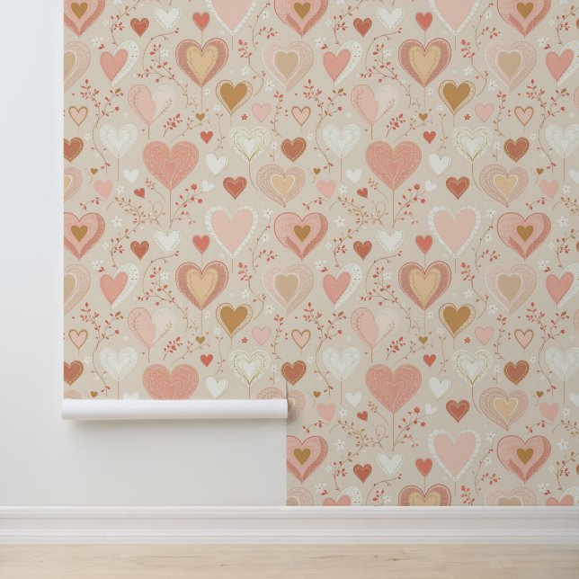 Papier Peint Coeurs romantiques et motifs floraux (Application)