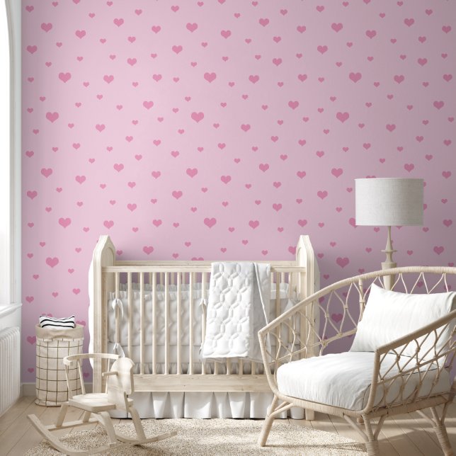 Papier Peint Coeurs roses éparpillés sur rose pâle (Enfants)
