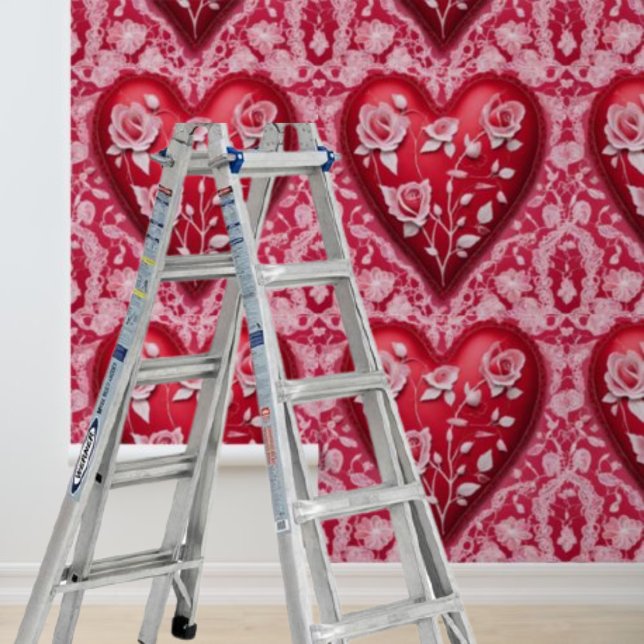 Papier Peint Coeurs roses Roses dentelle blanche Bâton Peel (Pink Hearts Roses White Lace Peel Stick Wallpaper)