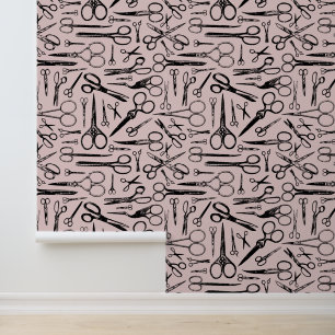 Papier Peint Coiffeur Stylo Barber Ciseaux Vintages Motif rose