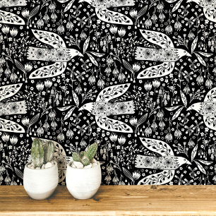Papier Peint Colombes et fleurs Art d'oiseau blanc sur fond noi