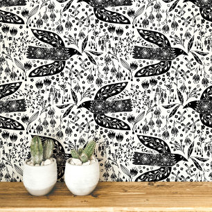 Papier Peint Colombes et fleurs Art d'oiseau en noir et blanc