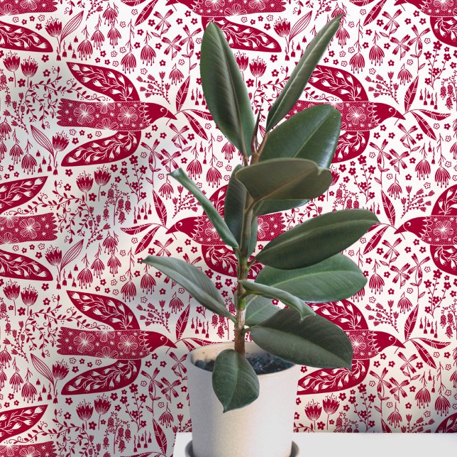 Papier Peint Colombes et fleurs Art d'oiseau rouge et blanc (Doves and flowers bird art peel and stick wallpaper)