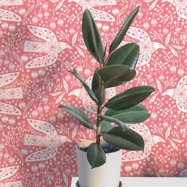 Papier Peint Colombes et fleurs blanches sur fond corail Art d' (Doves and flowers bird art peel and stick wallpaper)