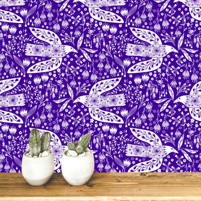 Papier Peint Colombes et fleurs blanches sur fond violet Art d' (Doves and Flowers pretty folk art style bird and botanical floral pattern peel and stick wallpaper)