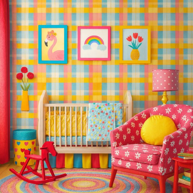 Papier Peint Colorful Plaid Pink Yellow and Blue  ( Vibrant pastel plaid wallpaper that brightens any nursery with cheerful, playful color. (mockup) )