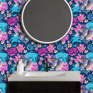 Papier Peint Combattant du Siam Lotus Vagues Bleu