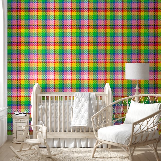Papier Peint Conception de carreaux Madras jaune vert rose  (Enfants)